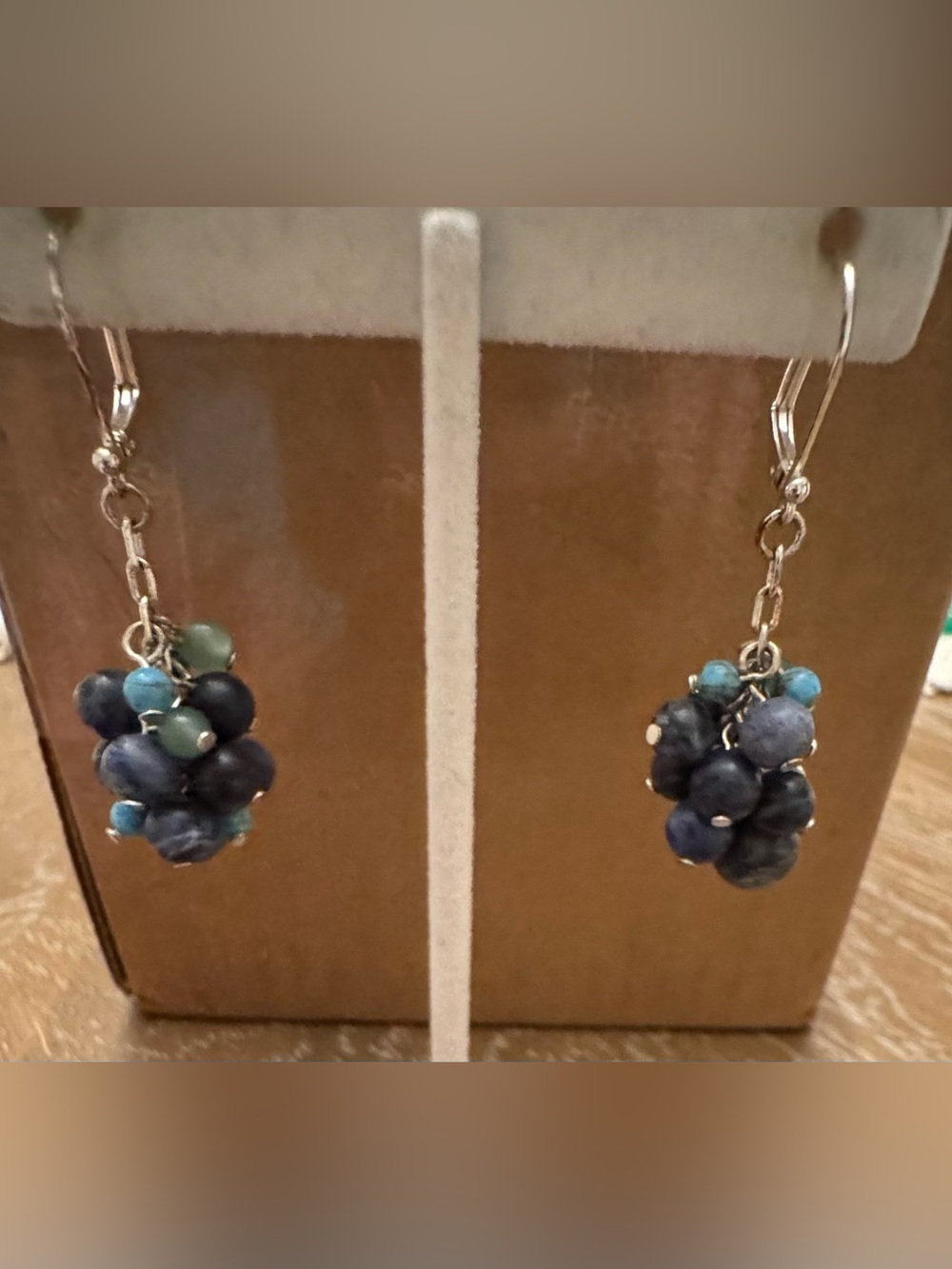 Blue and Teal Beaded Cluster Silver Earrings